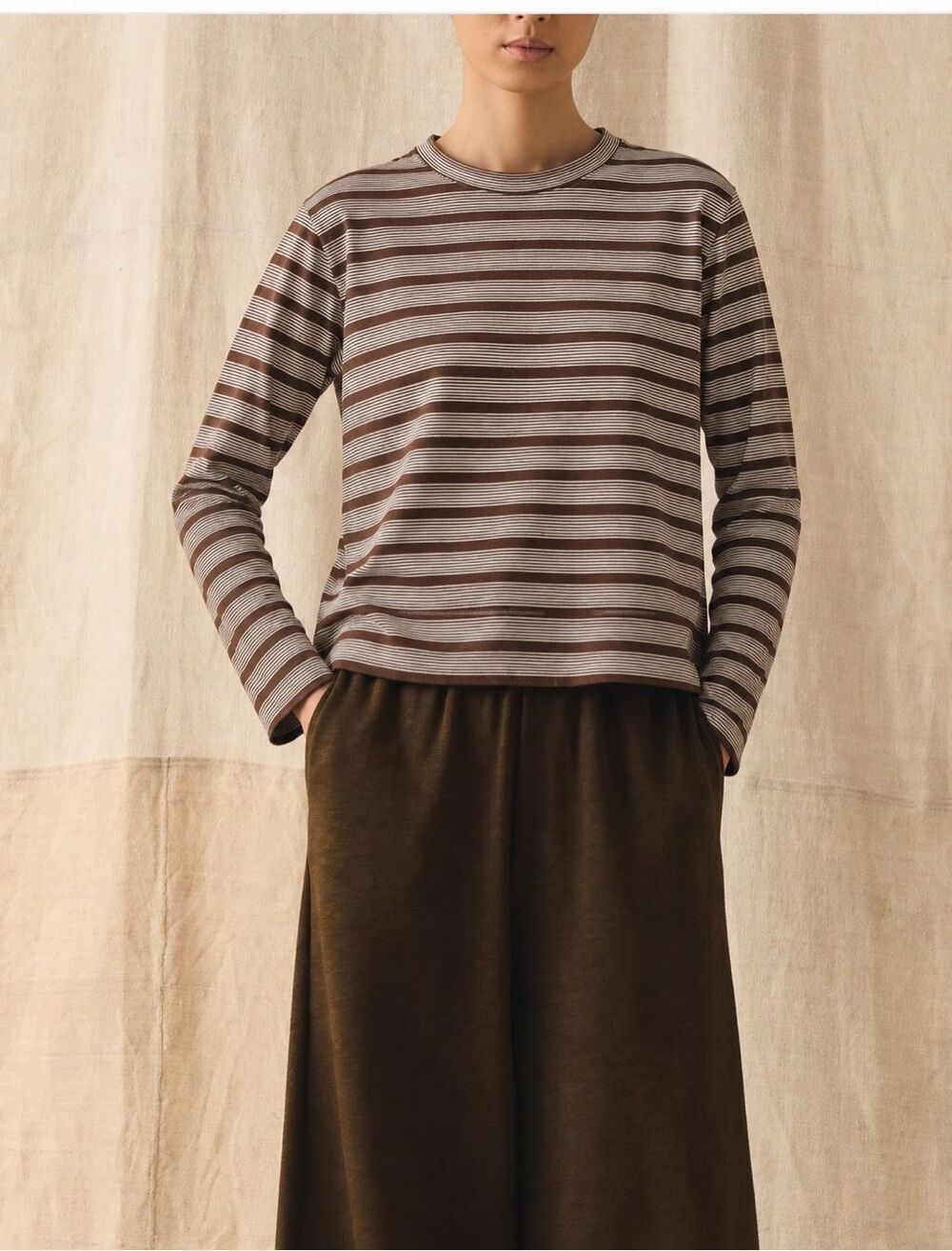 Toast Brown & Cream Striped Long Sleeve Crewneck Tee, XS $220 G10